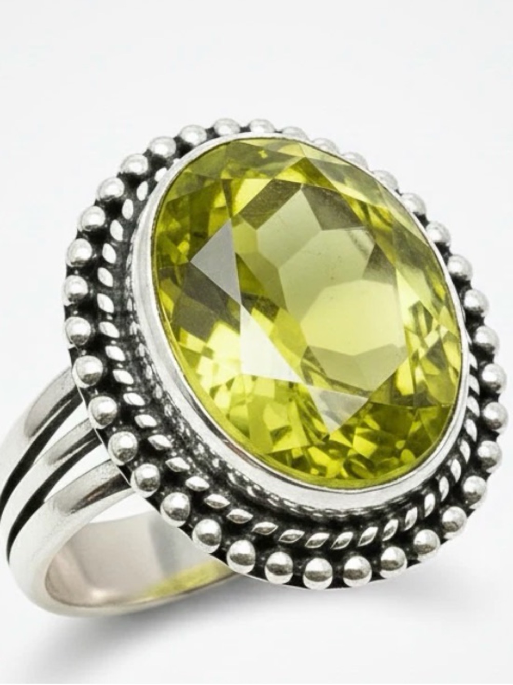 Sterling Silver Beaded Peridot Ring Oval Green Stone